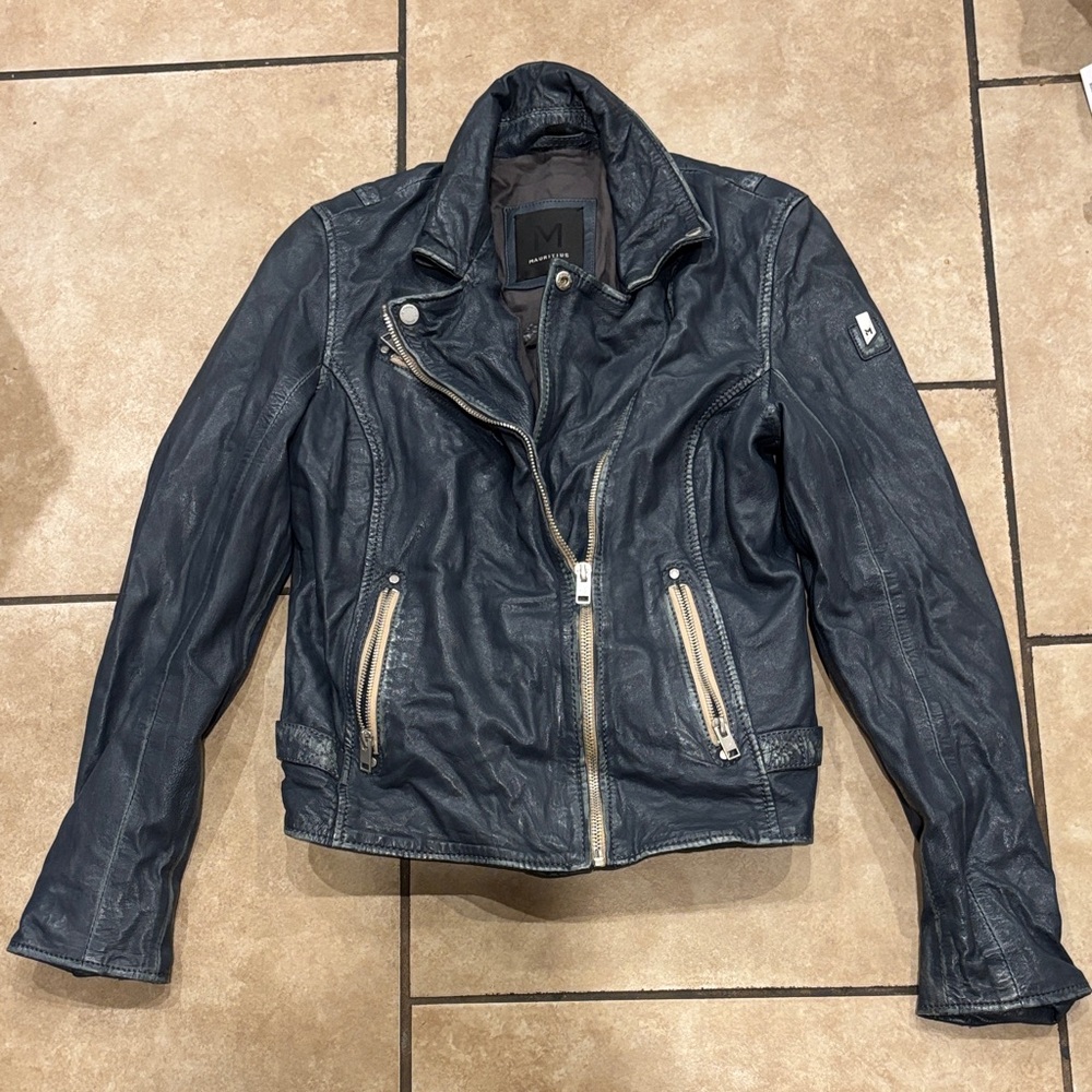 Mauritius Blue Navy Leather Moto Jacket